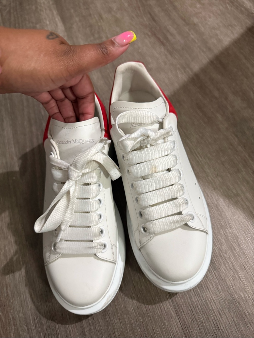 Alexander McQueen White Leather Sneakers with Red Heel Tab